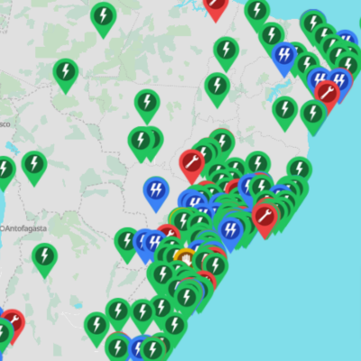 Mapa de carregadores de carros elétricos.